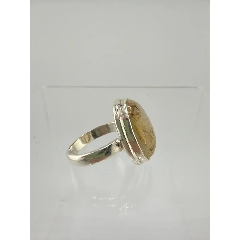 Oval Rutilated Quartz 925 Sterling Silver Statement Ring Size 7